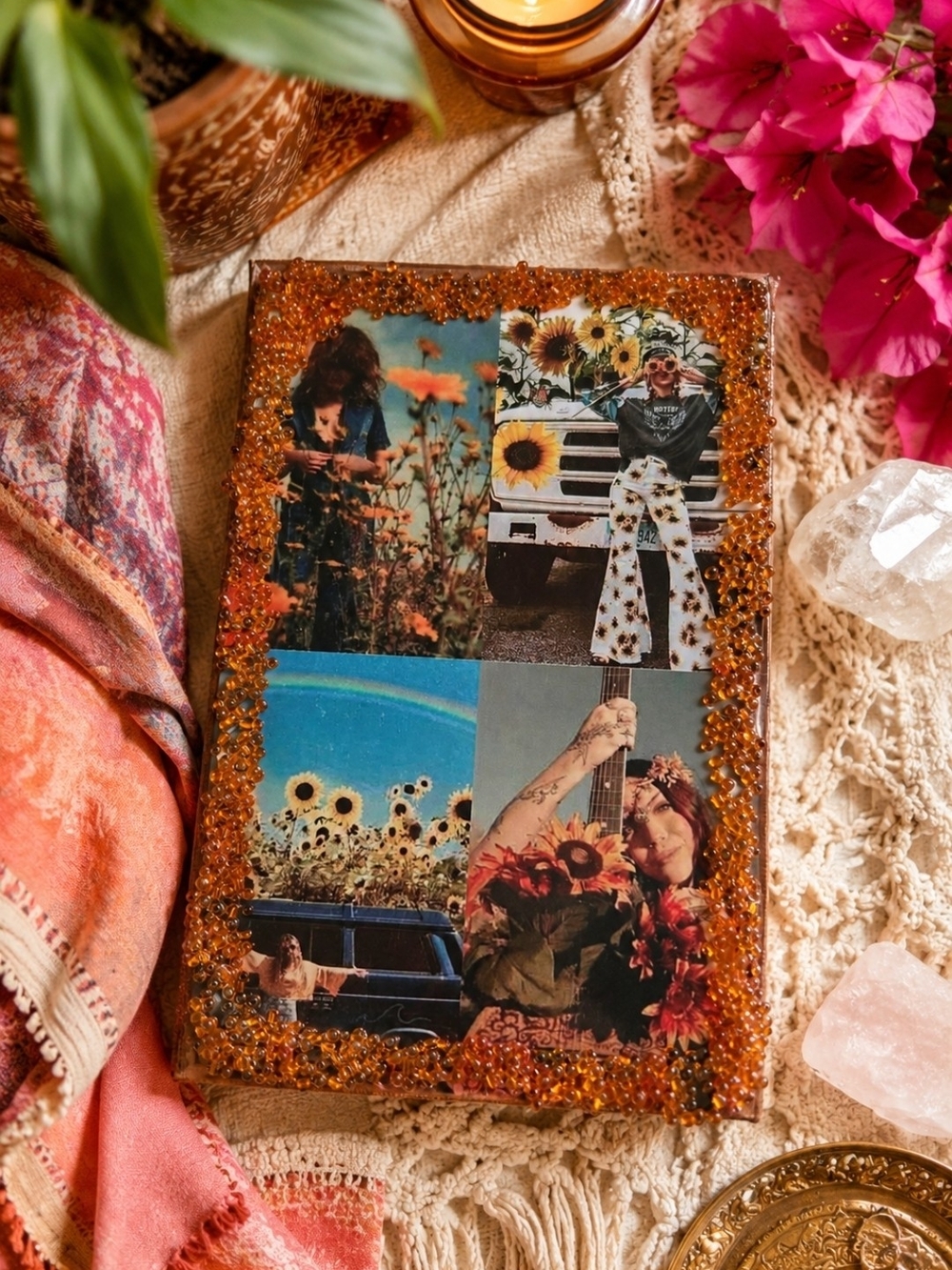 4/$15 Handmade Sunflower Collage Wall Art Orange Glitter Bead Frame 4x5